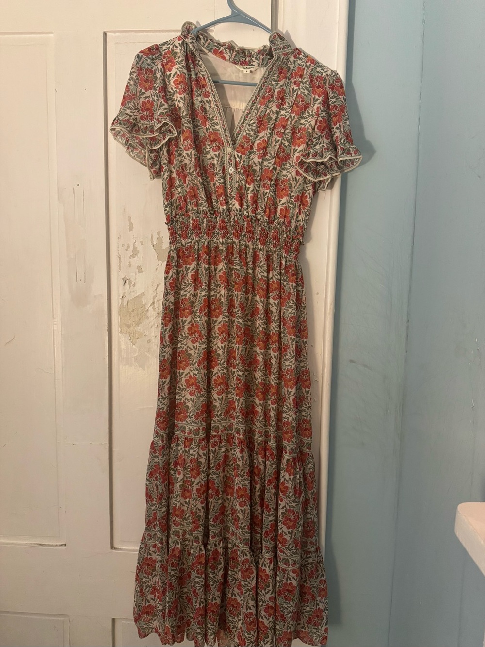 Max Studio Coral and Sage Floral Tiered Maxi Dress